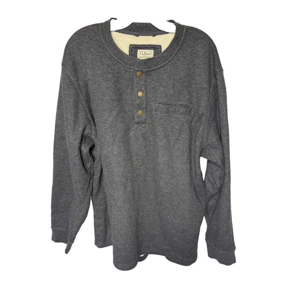 LL Bean Katahdin Iron Works Bonded Waffle Fleece Henley Men XLarge Gray 298100
